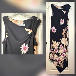 Women's Black Pink Floral Knot Strap Asymmetrical Sleeveless Sheath Dress XS/S
